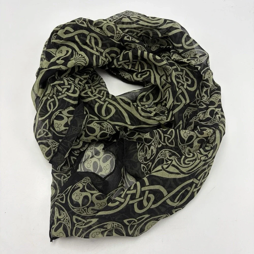 Vintage Keltic Designs Silk Scarf Black Green 90's Career Japan Career